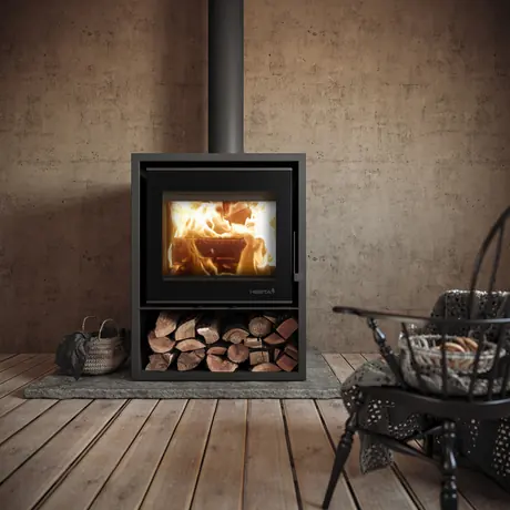 SAfire Heeta 600 Log Base freestanding wood fireplace with full glass door