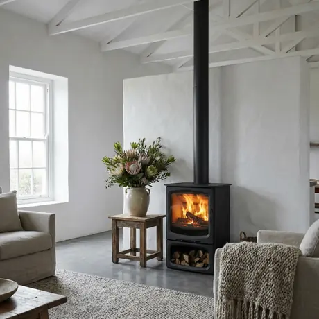 SAfire Heeta 600 Arc Log Base wood fireplace with arched door bevel in a modern Cape Dutch farmhouse