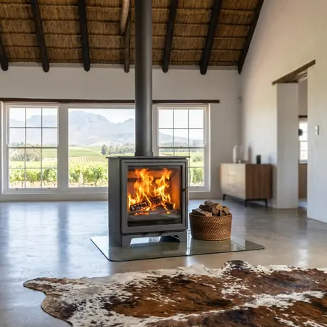SAfire Heeta 600 Timberbox freestanding wood fireplace in a Cape farmhouse with vineyard views