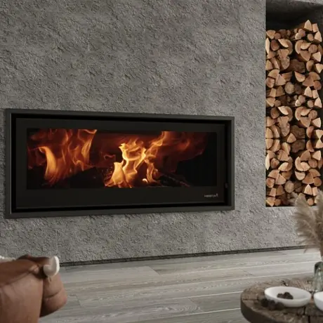 SAfire Heeta 1200 wood fireplace insert with black stainless steel fluted panels