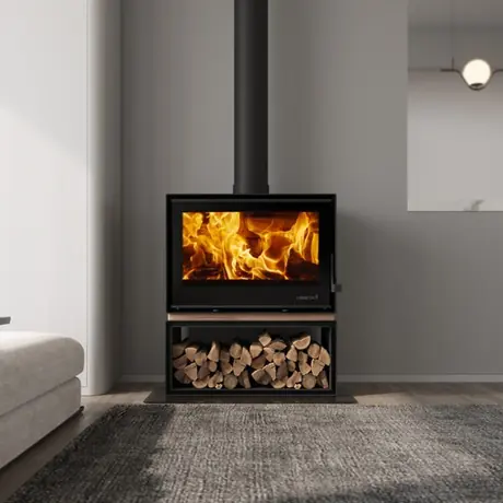 SAfire Heeta 700 Oakley Log Base freestanding wood fireplace with log storage