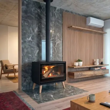 SAfire Heeta 950 Oakley freestanding wood fireplace with solid oak wooden legs