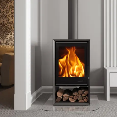 SAfire Heeta 500 Log Base Bevelled freestanding wood fireplace with stainless steel fluted panels