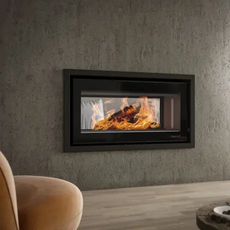 SAfire Heeta 950 Double Sided Bevel wood fireplace as a modern room divider