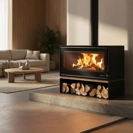 SAfire Heeta 950 Oakley Log Base freestanding wood fireplace with integrated log storage